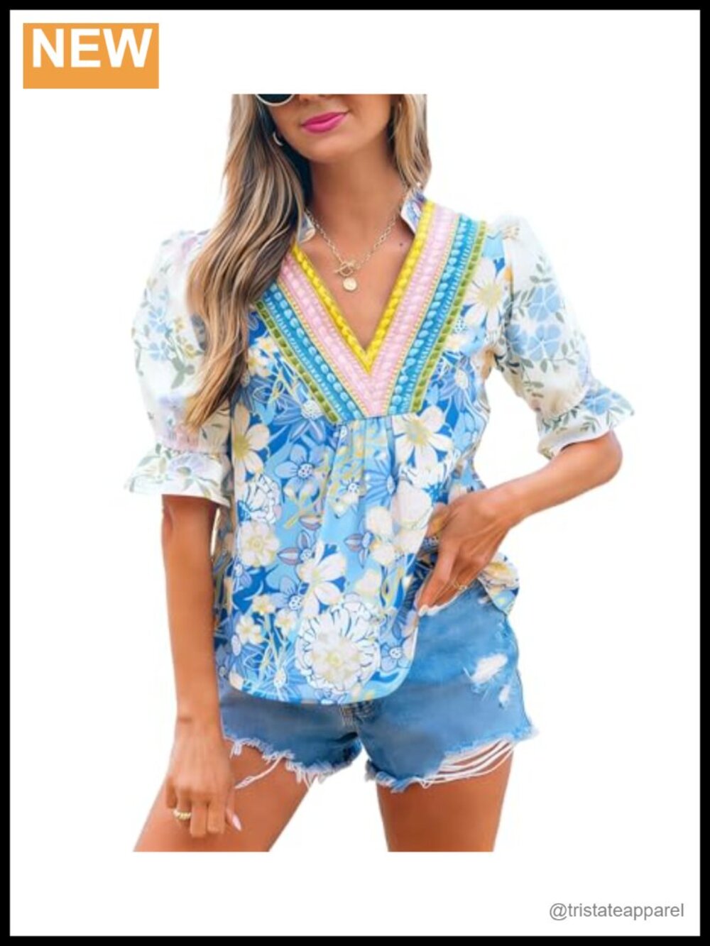 Womens Chiffon Floral Blouse V Neck Puff Sleeve Summer Dressy Casual Top